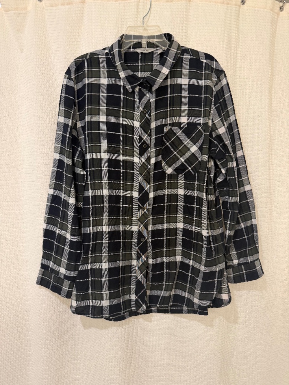 Athleta XL Plaid Button Down Shirt Gray Black 100% Cotton Long Sleeve